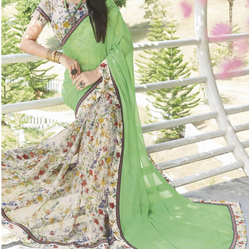Georgette Saree in light green and floral off white